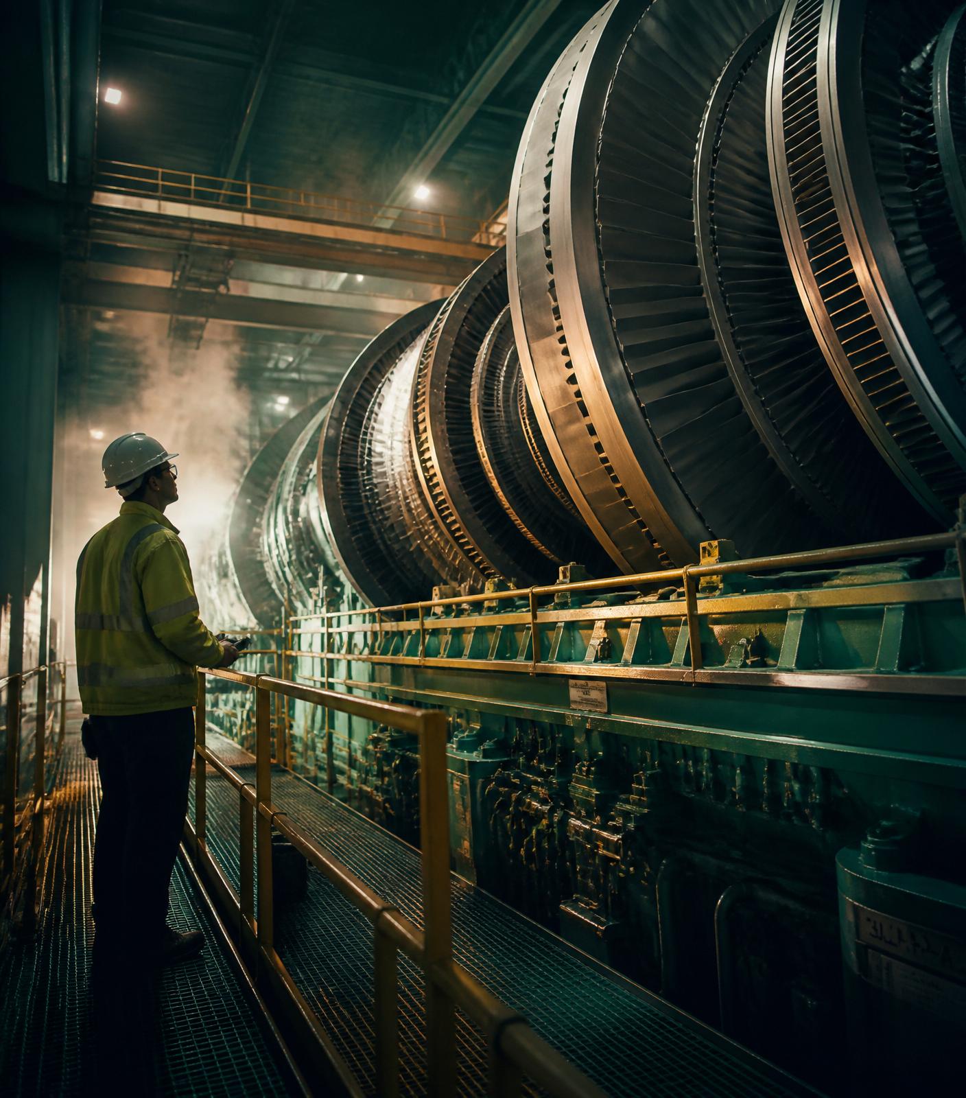Elombe engineer inspecting turbine machinery