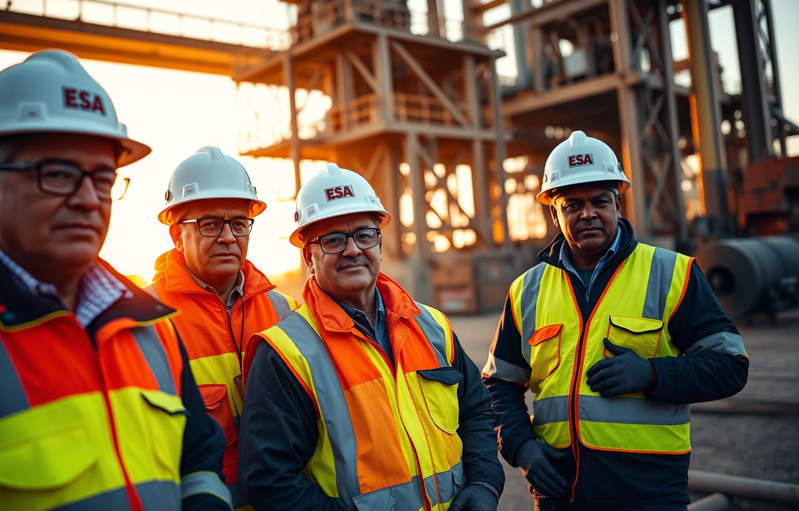 South African industrial workers in full PPE at a heavy plant at golden hour